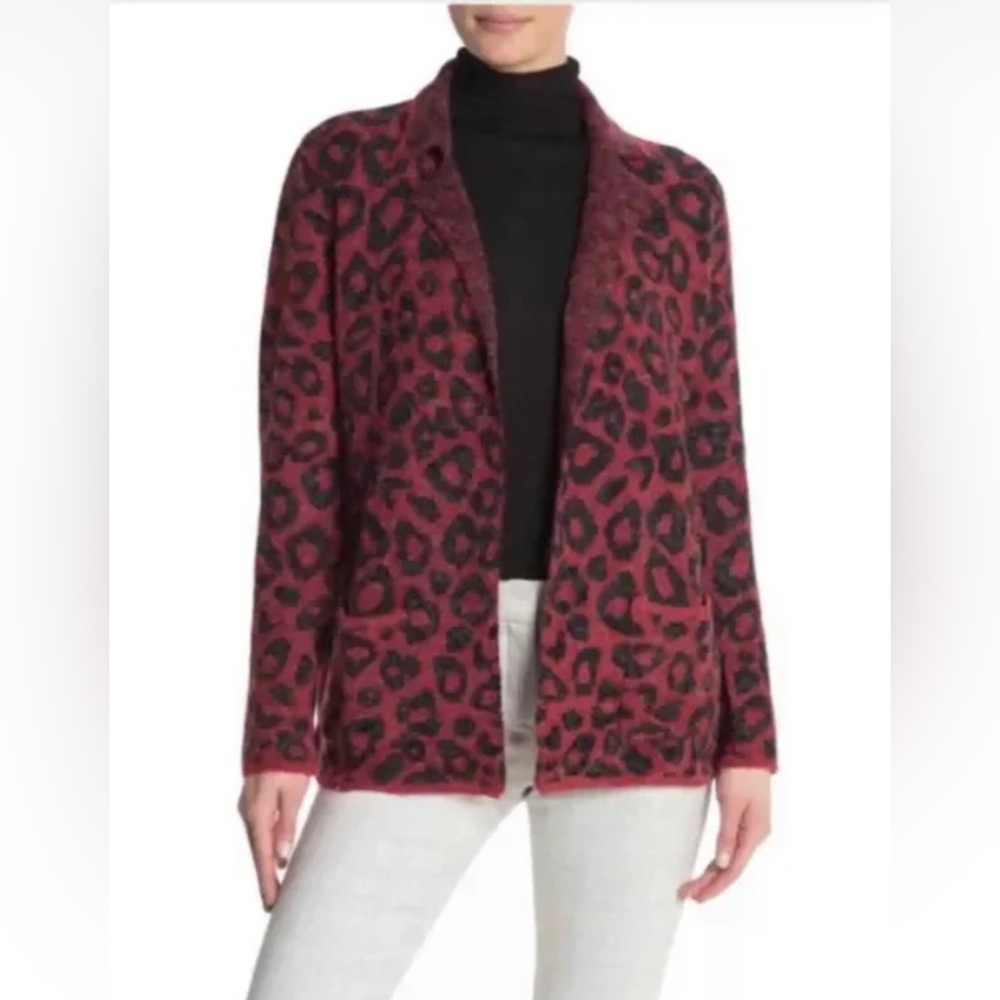 Joseph A Womens Cardigan Sweater Open Front Cheetah Soft Knit Red